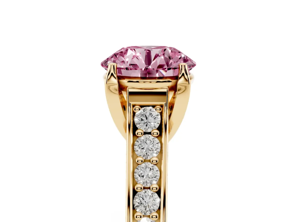Fancy Pink Round Cut Brilliant Cut Diamond Engagement Ring with Pavé Band and Four-Prong Setting Yellow gold