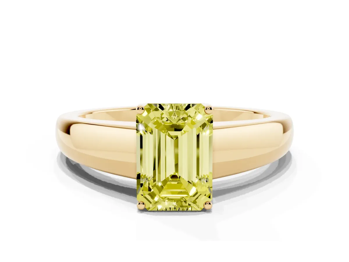 Fancy Yellow Emerald Cut Solitaire Diamond Ring with Tapered Band and Four-Prong Setting Yellow gold