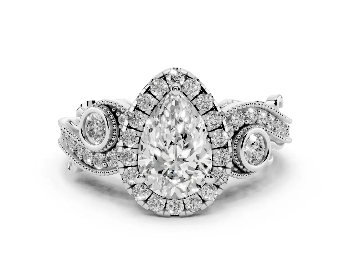 Pear Cut Diamond Halo Ring with Milgrain Pavé Band and Four-Prong Setting Silver