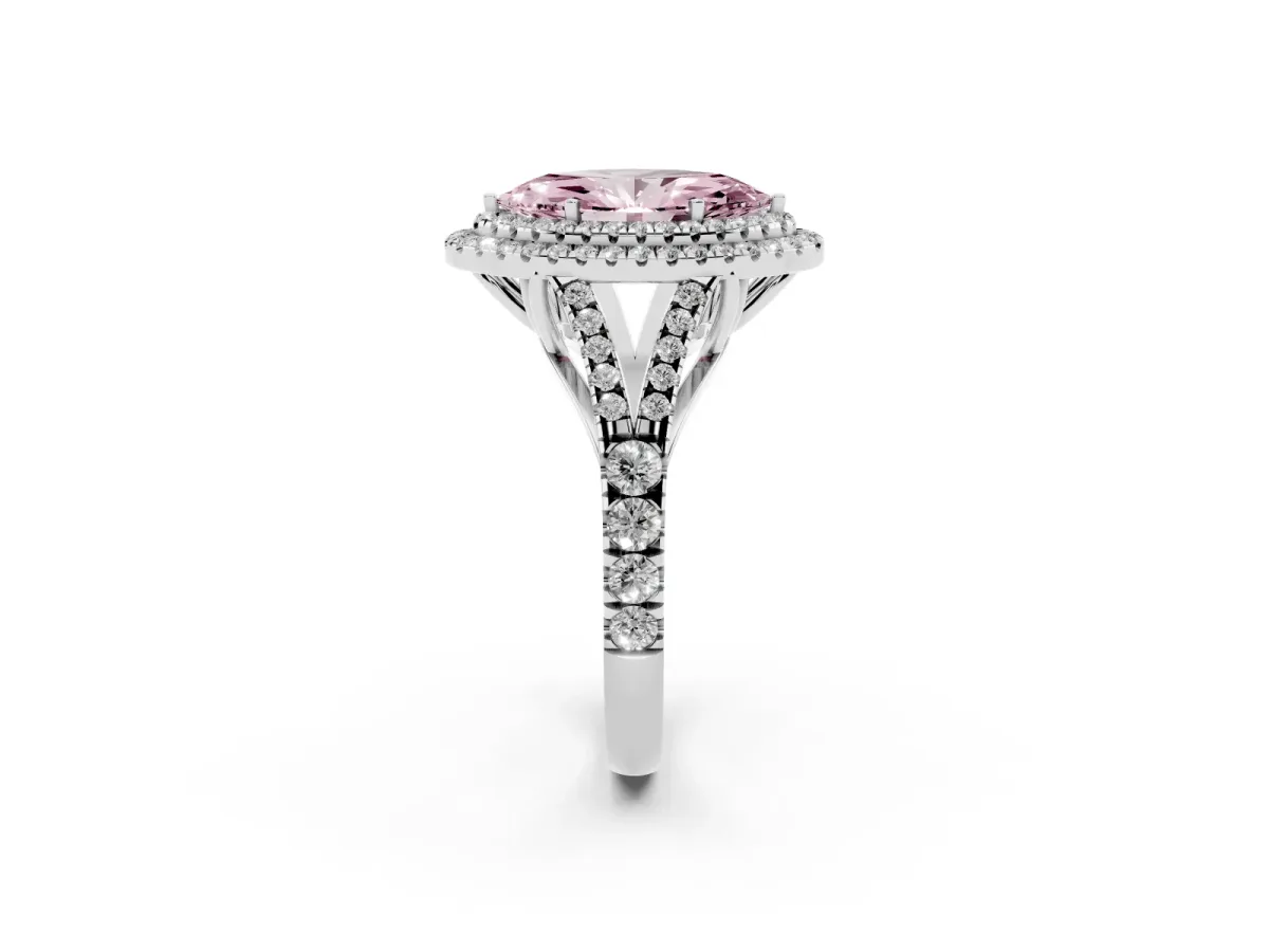 Fancy Pink Double Halo Marquise Cut Diamond Split Shank Engagement Ring with Four-Prong Setting Platinum