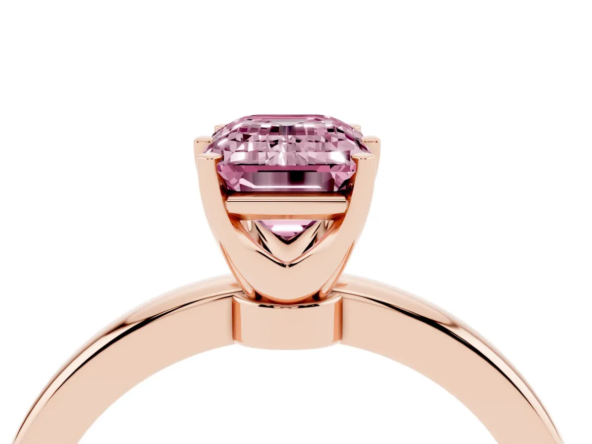 Fancy Pink Emerald Cut Solitaire Diamond Ring with Six-Prong Setting on a Classic Band Rose gold