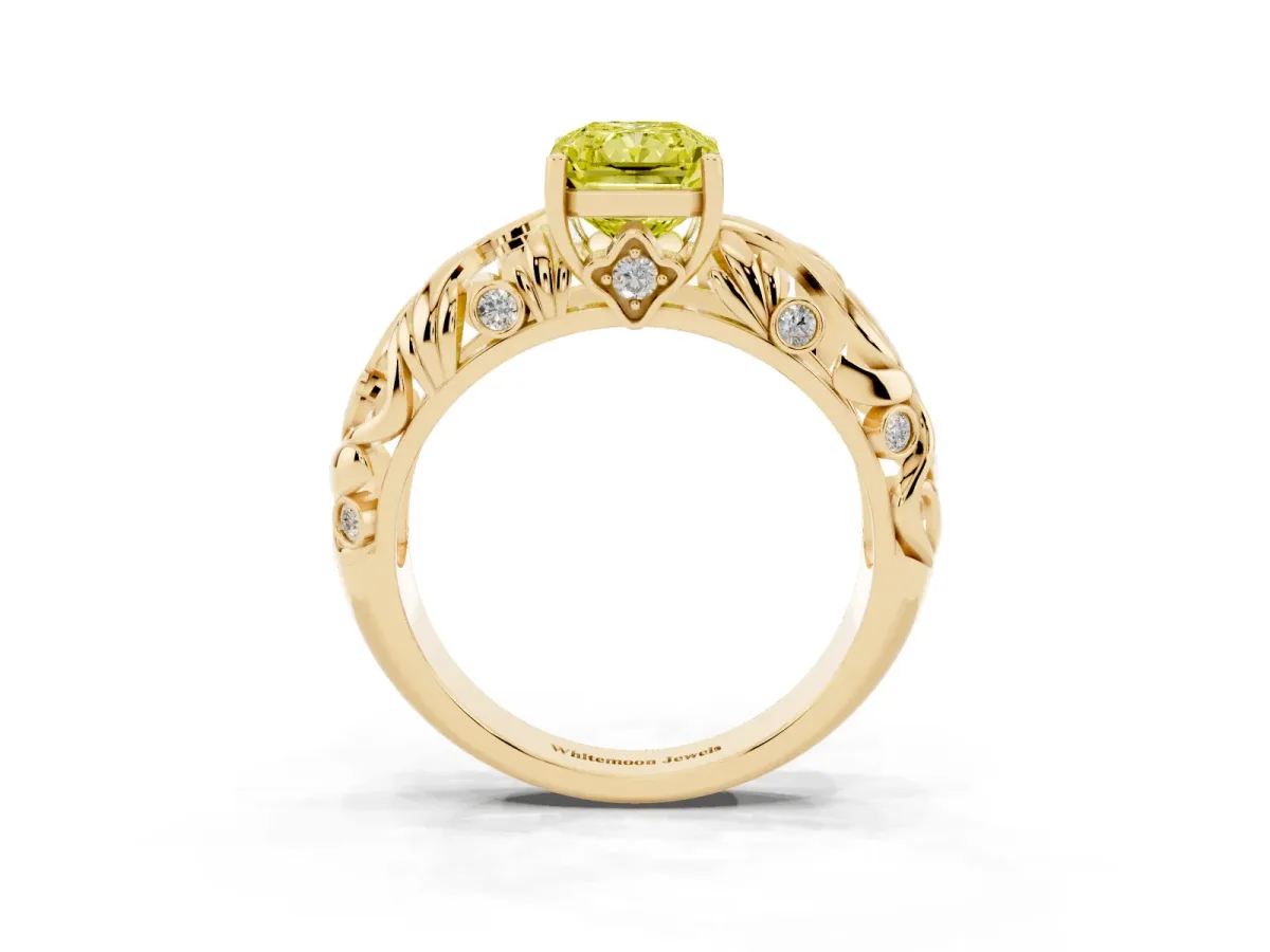Fancy Yellow Radiant Cut Solitaire Diamond Leaf-Inspired Vine Band Ring with Prong Setting Yellow gold