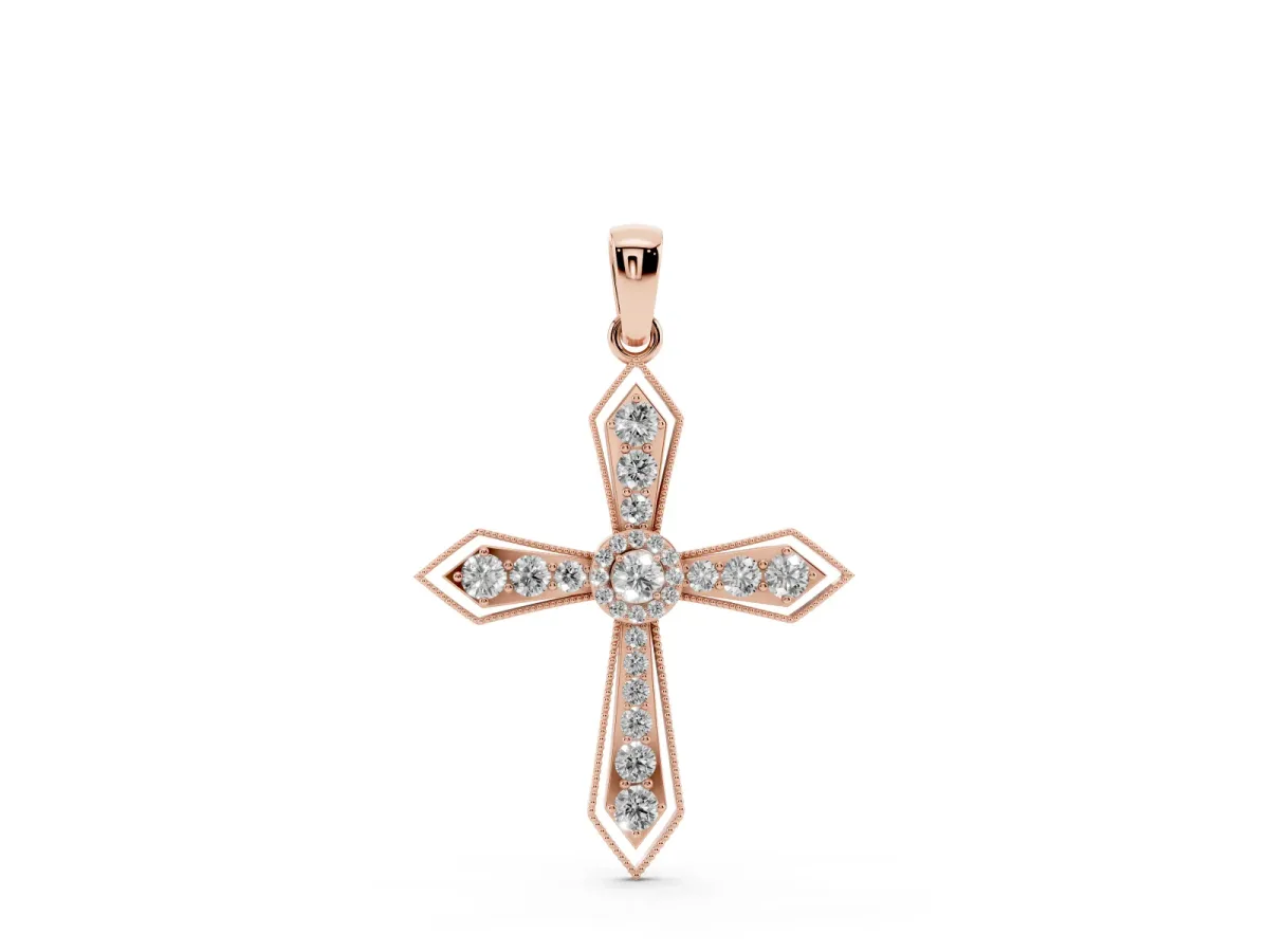 Round Diamond Milgrain Cross Pendant with Bezel Setting Rose gold