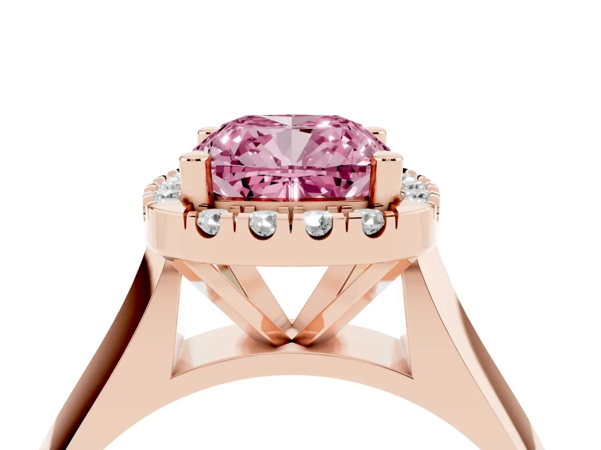 Fancy Pink Cushion Cut Cut Halo Solitaire Engagement Ring with Square Band and Four-Prong Setting Rose gold