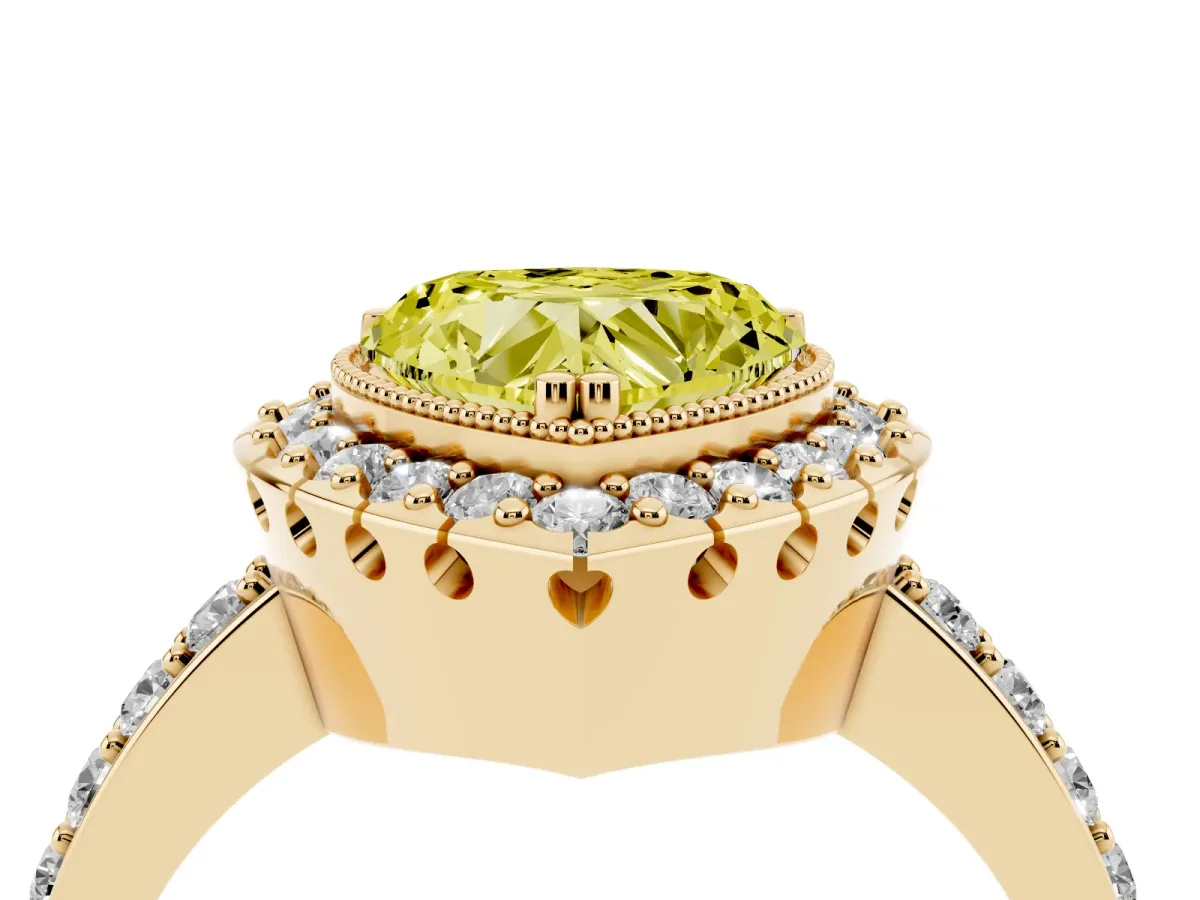 Fancy Yellow Heart Cut Diamond Halo Ring with Pavé Band and Prong Setting Yellow gold