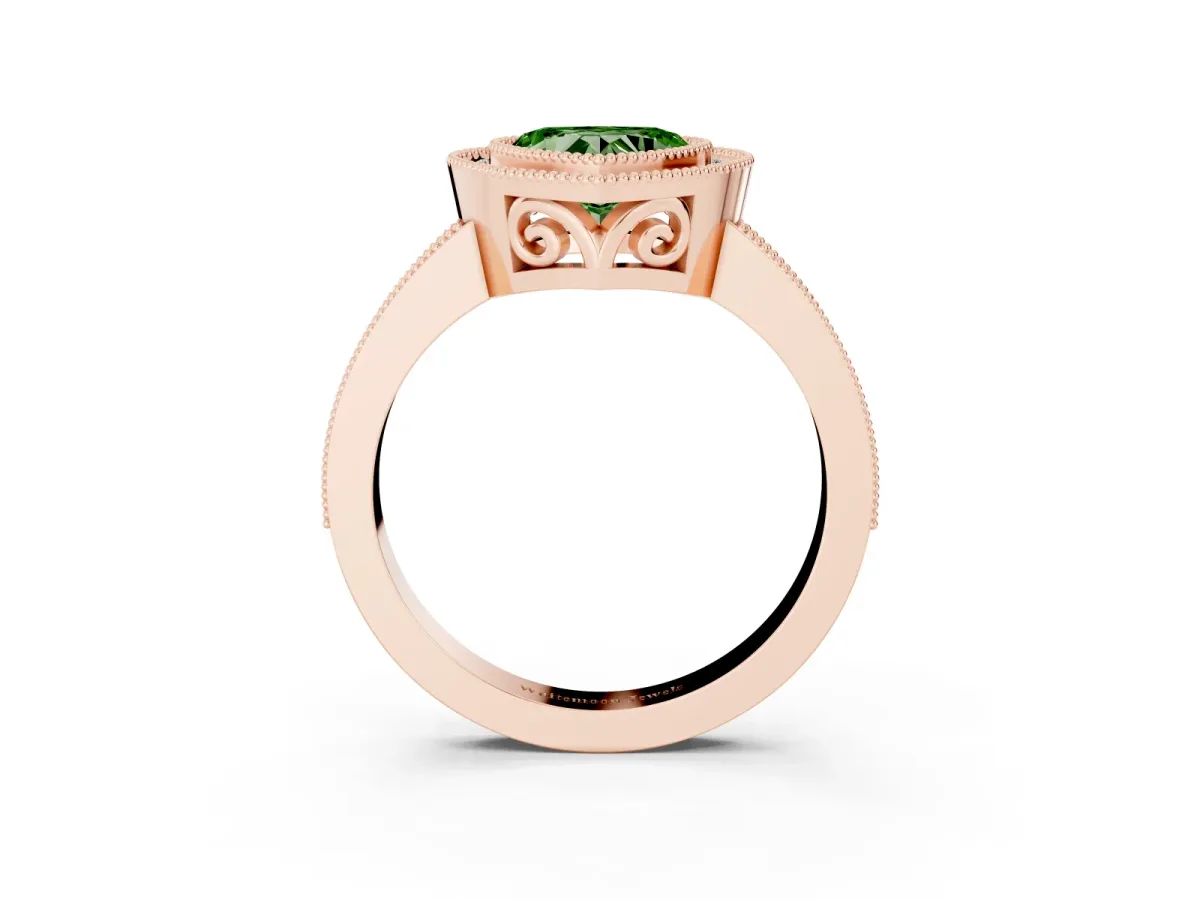 Fancy Green Heart Cut Cut Halo Diamond Ring with Pavé Band and Milgrain Prong Setting Rose gold
