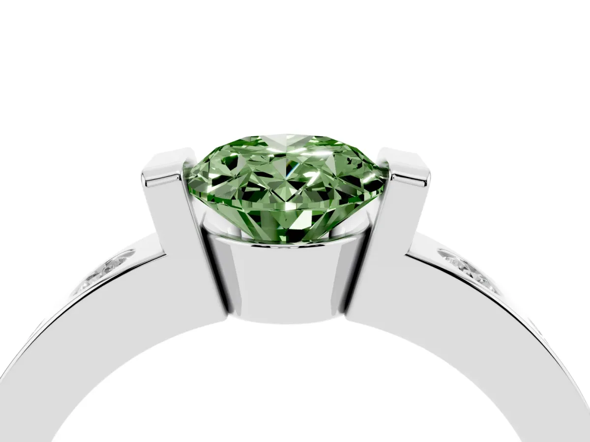 Fancy Green Oval Cut Brilliant Channel-Set Diamond Ring with Bezel Prong Setting Silver