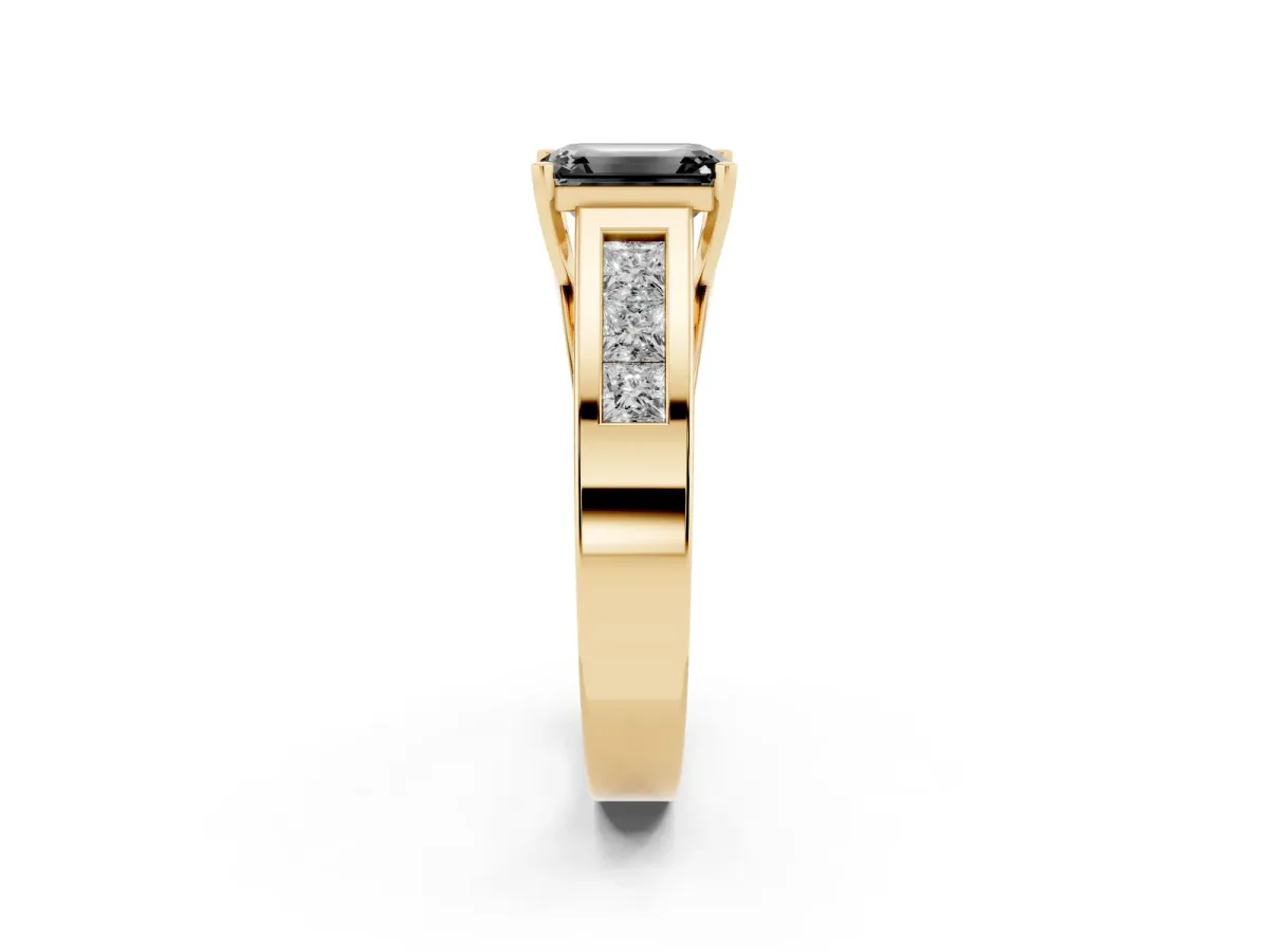 Fancy Black Emerald Cut Cut Channel Set Solitaire Ring with Four-Prong Setting Yellow gold