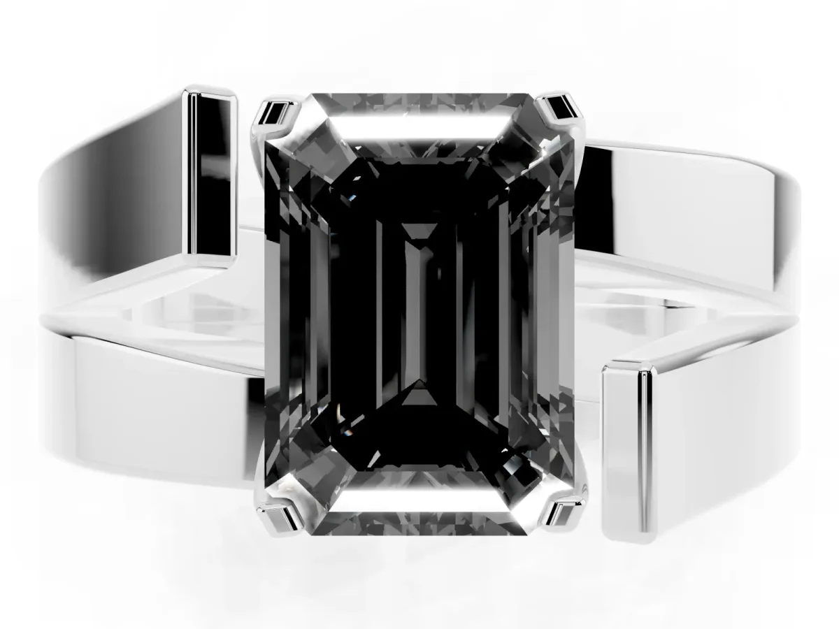 Fancy Black Modern Tension Set Emerald Cut Diamond Solitaire Wide Band Ring Silver