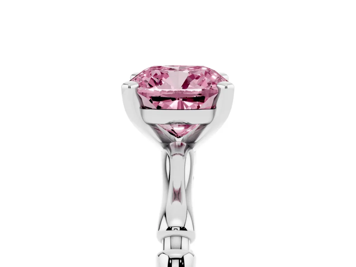 Fancy Pink Cushion Cut Solitaire Diamond Ring with Bamboo Band and Four-Prong Setting Silver