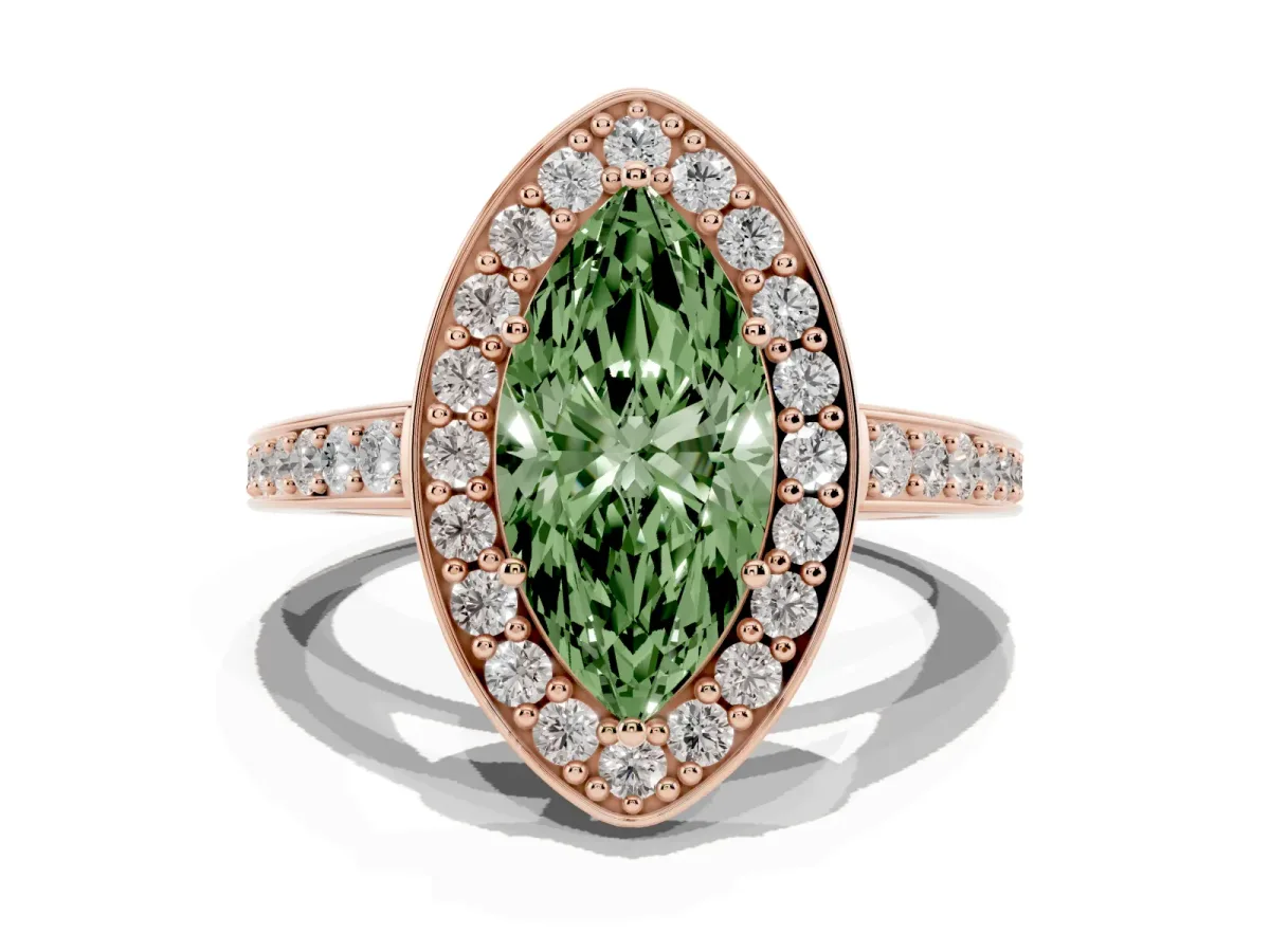 Fancy Green Marquise Cut Halo Pavé Diamond Engagement Ring with Bezel Setting Rose gold