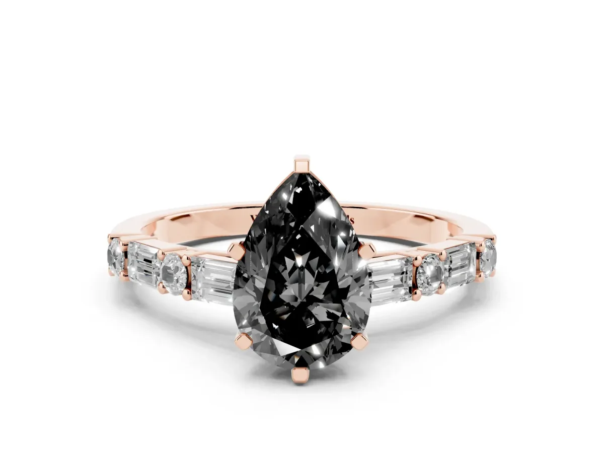 Fancy Black Pear Cut Diamond Solitaire with Side Baguettes and Channel Set Band Rose gold