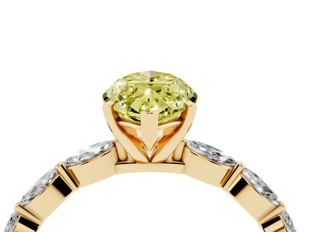Fancy Yellow Marquise Cut Diamond Ring with Marquise Side Stones and Prong Setting Yellow gold