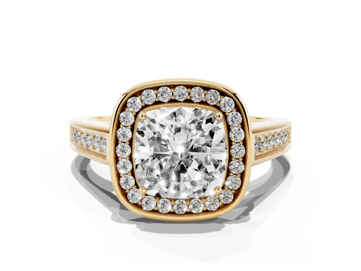 Cushion Cut Halo Solitaire Diamond Ring with Pave Band and Bezel Setting Yellow gold
