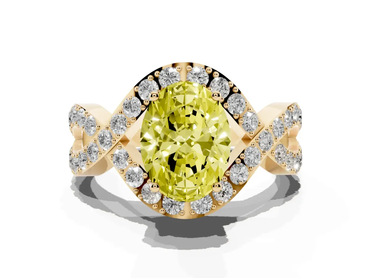 Fancy Yellow Oval Cut Solitaire Twist Band Pavé Diamond Engagement Ring Yellow gold