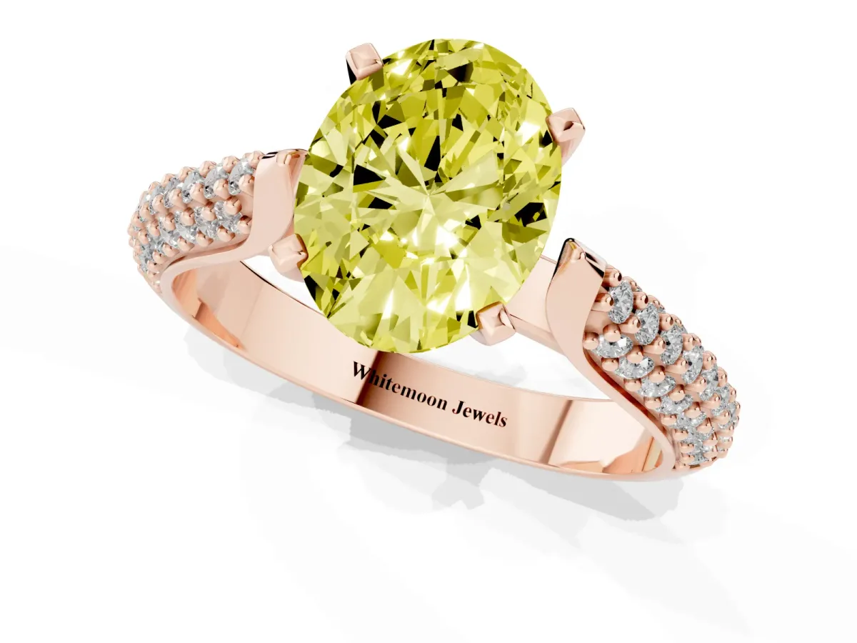 Fancy Yellow Oval Cut Diamond Solitaire Engagement Ring with Multi-Row Round Pavé Band and Prong Setting Rose gold