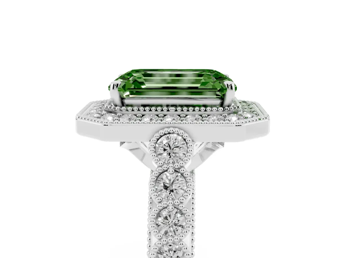Fancy Green Emerald Cut Halo Milgrain Solitaire with Bezel Set Side Stones and Pave Band Silver