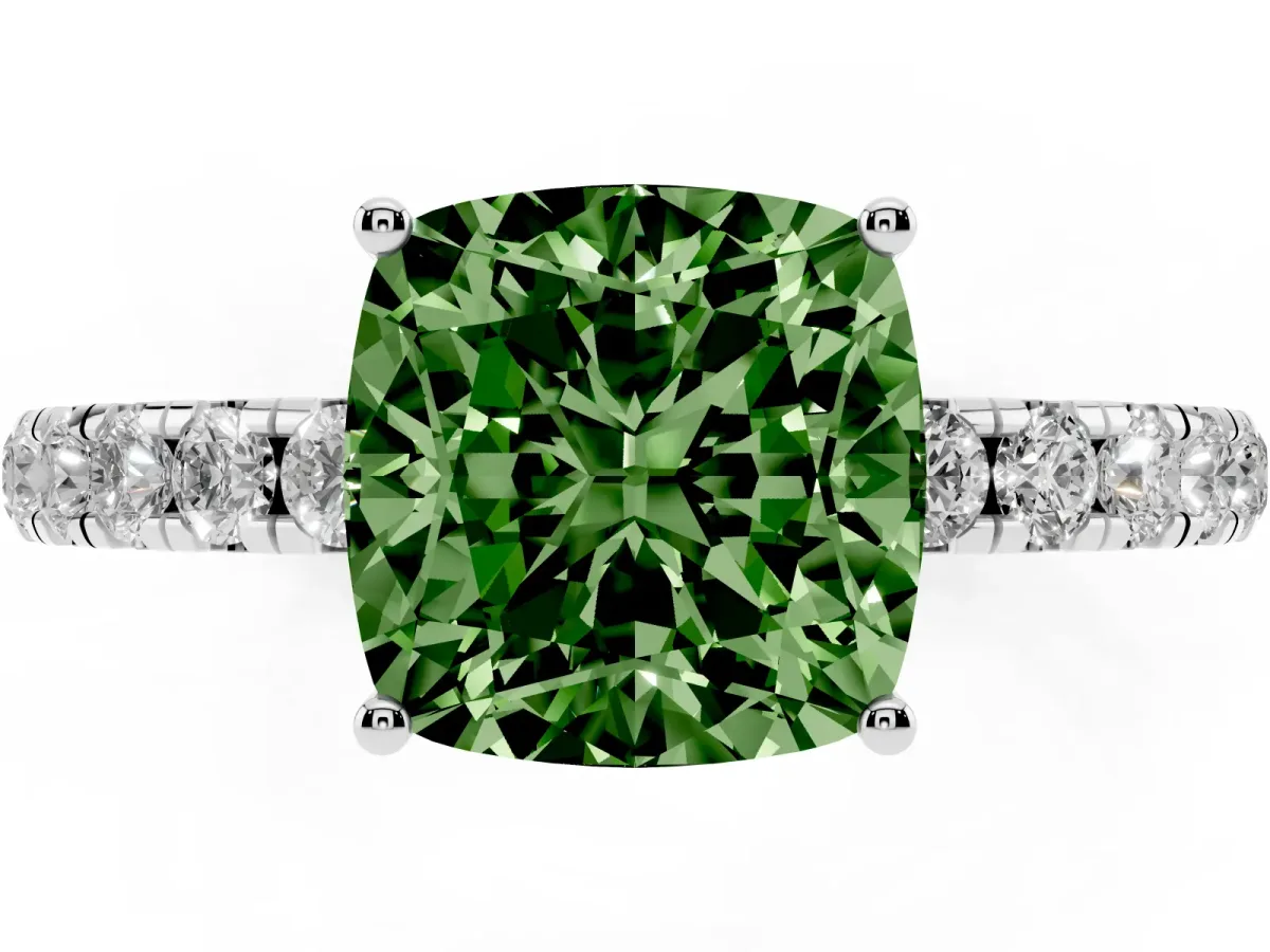 Fancy Green Cushion Cut Diamond Pavé Solitaire Engagement Ring with Four-Prong Setting Silver