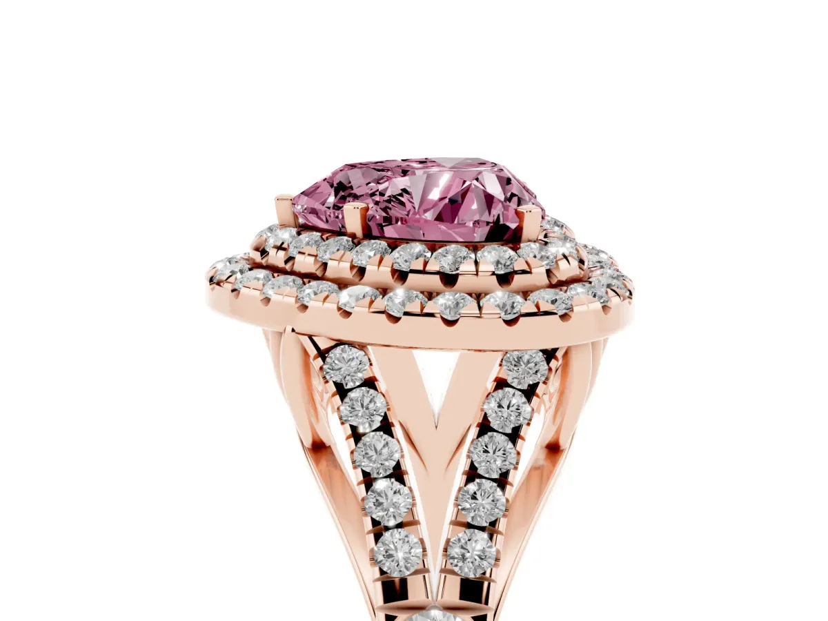 Fancy Pink Heart Cut Cut Double Halo Split Shank Diamond Ring with Prong Setting Rose gold