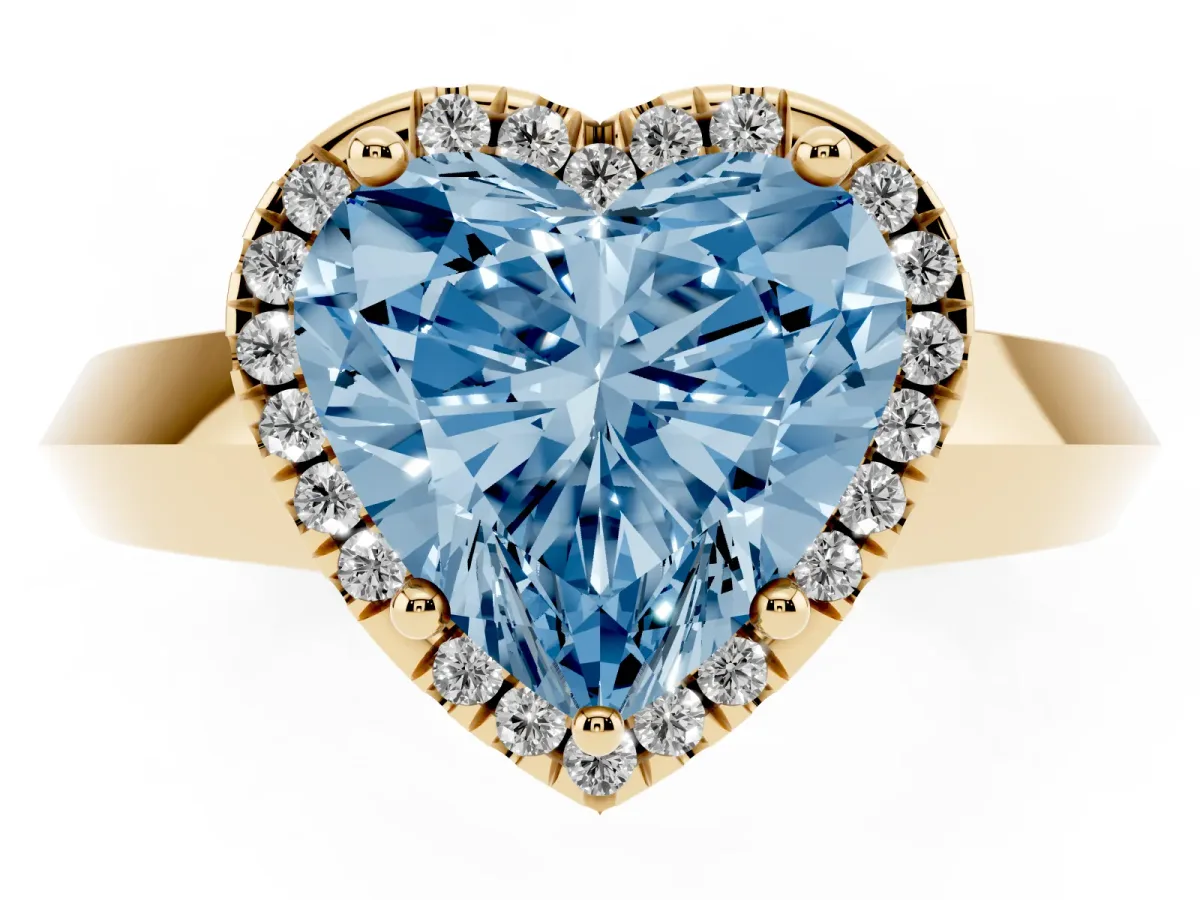 Fancy Blue Heart Cut Halo Diamond Ring with Cathedral Band and Four-Prong Setting Yellow gold