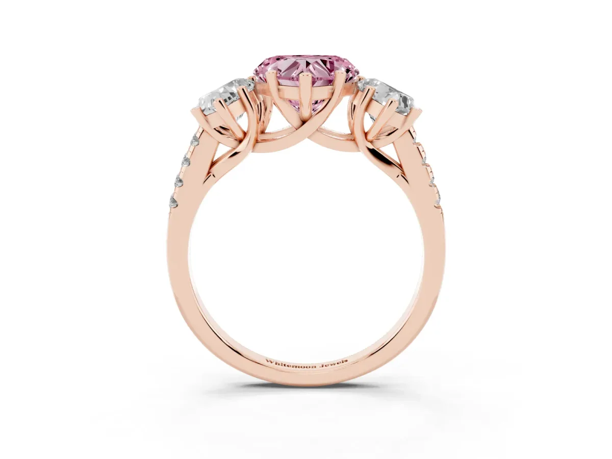 Fancy Pink Three-Stone Heart Cut Diamond Ring with Round Pavé Band and Prong Setting Rose gold