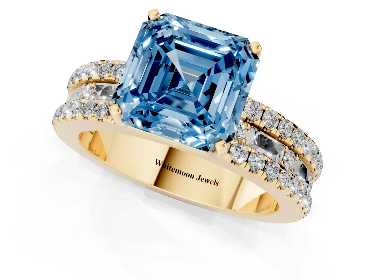 Fancy Blue Asscher Cut Diamond Solitaire Ring with Pavé and Channel Set Band Yellow gold