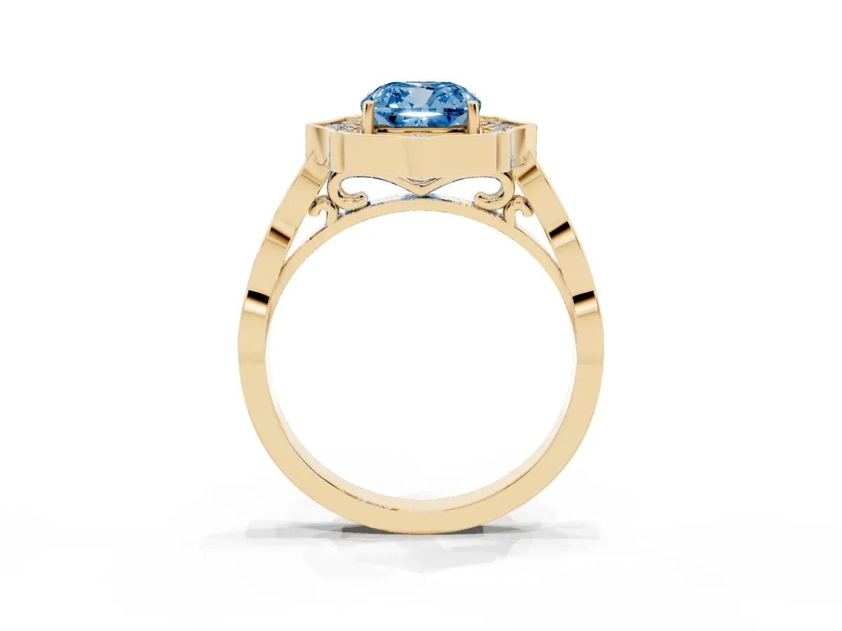 Fancy Blue Cushion Cut Halo Diamond Engagement Ring with Milgrain Band and Four-Prong Setting Yellow gold