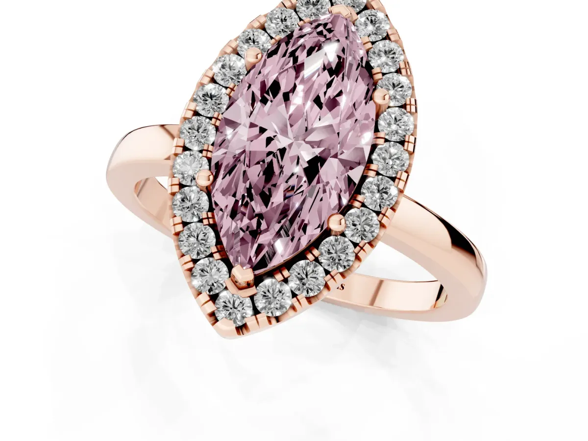 Fancy Pink Marquise Cut Halo Diamond Solitaire with Pavé Band and Four-Prong Setting Rose gold