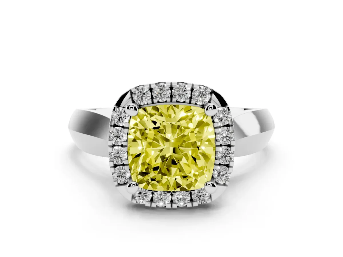 Fancy Yellow Cushion Cut Cut Halo Solitaire Engagement Ring with Square Band and Four-Prong Setting Platinum