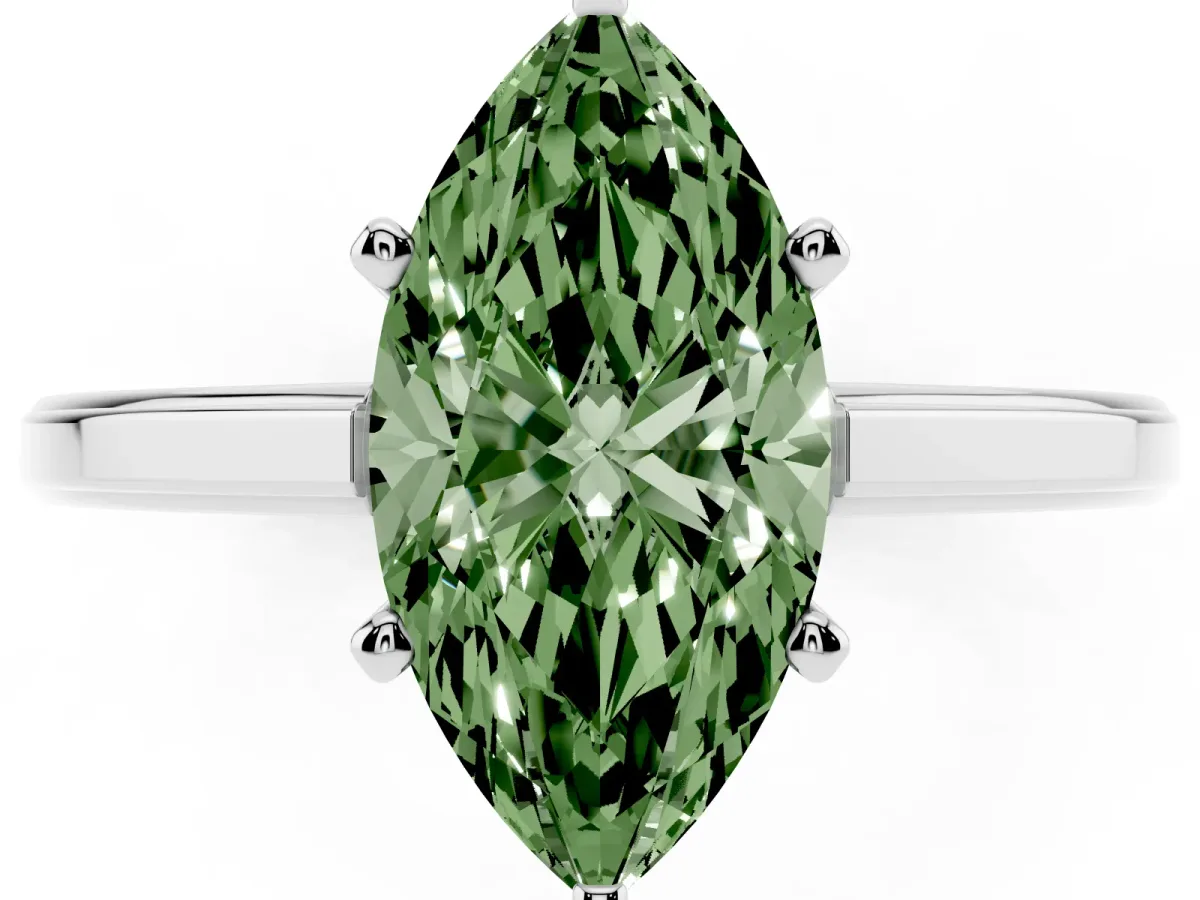 Fancy Green Marquise Cut Solitaire Diamond Ring with Four-Prong Setting and Classic Band Platinum