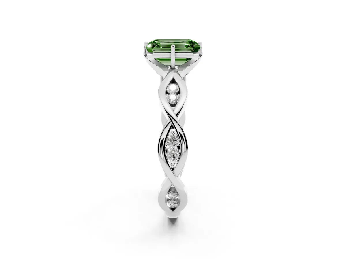 Fancy Green Emerald Cut Solitaire Twist Band with Leaf Prong Setting Silver
