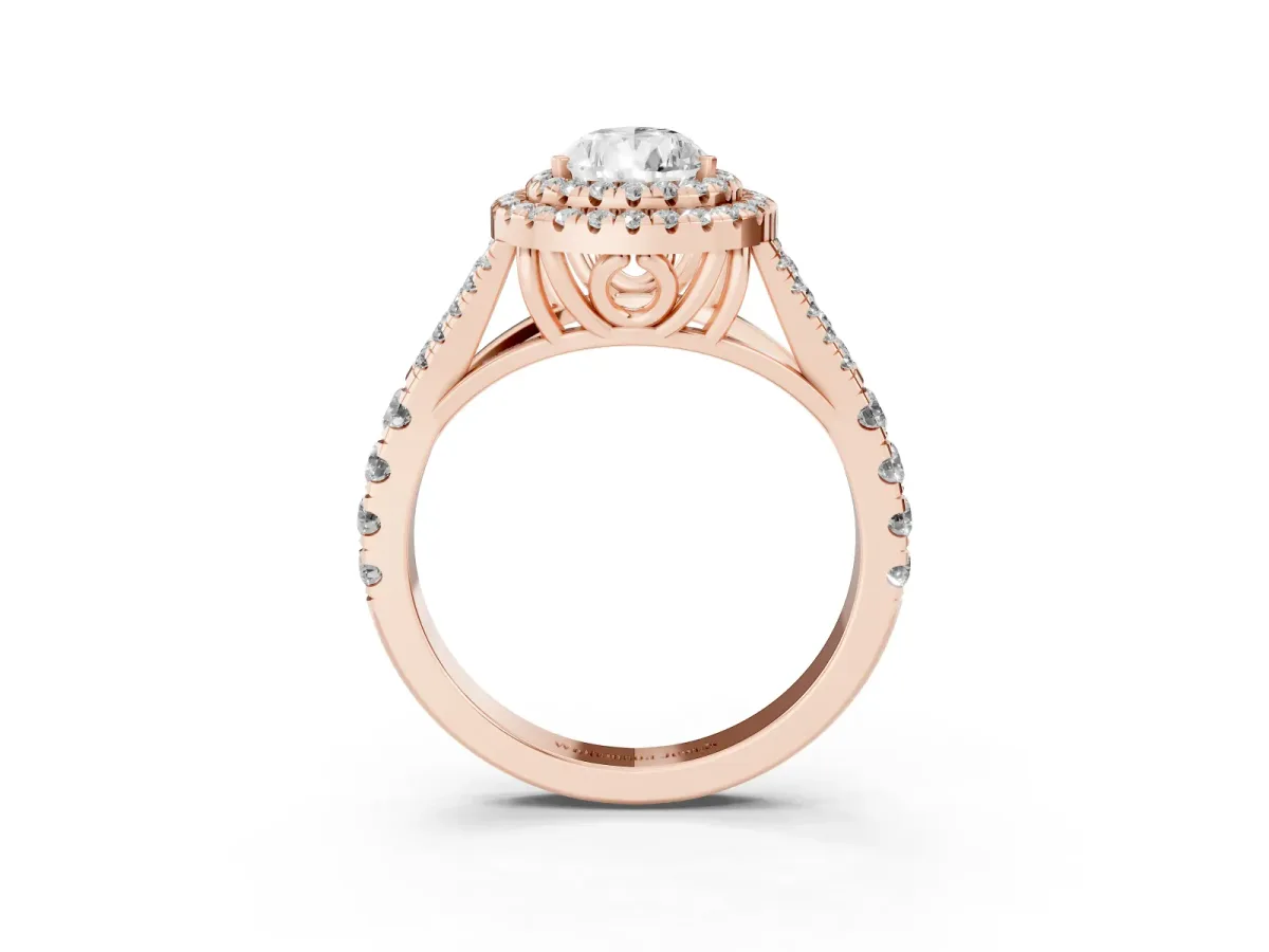 Pear Cut Diamond Double Halo Ring with Split Shank and Prong Setting Rose gold