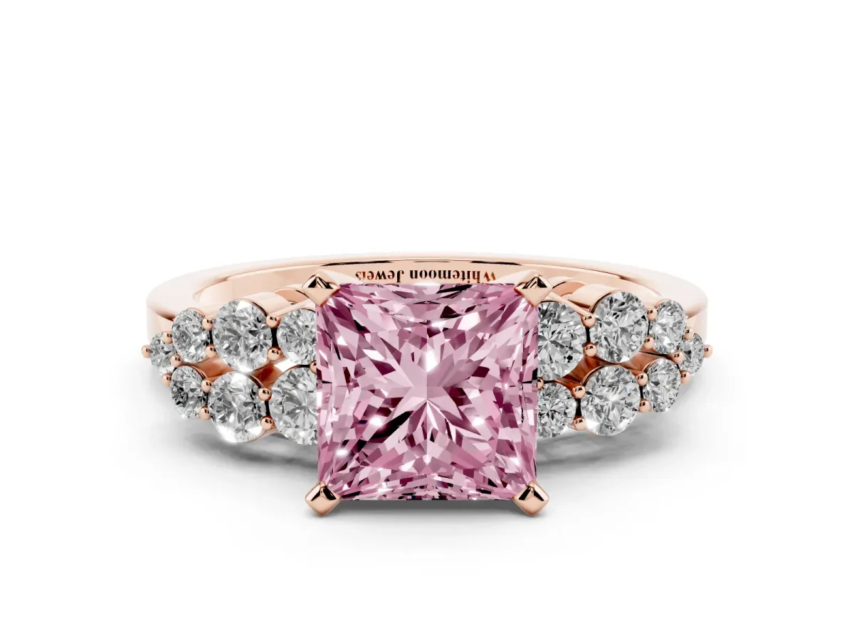 Fancy Pink Princess Cut Cluster Diamond Engagement Ring with Pavé Band and Four-Prong Setting Rose gold