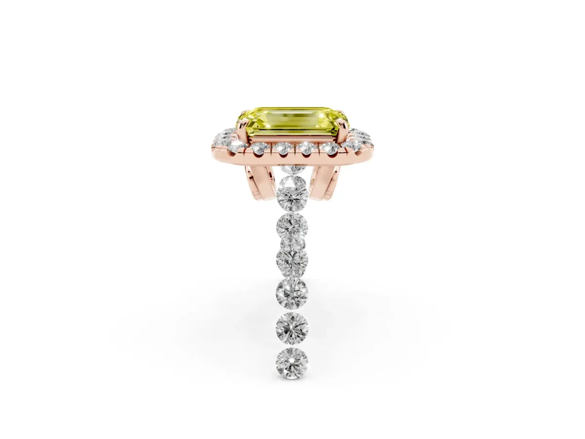 Fancy Yellow Emerald Cut Halo Pavé Diamond Engagement Ring with Four-Prong Setting Rose gold