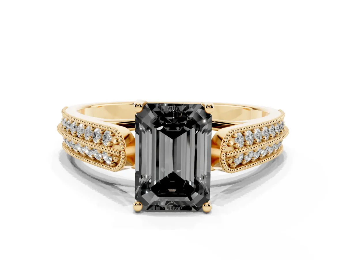 Fancy Black Emerald Cut Cut Pave Split Shank Engagement Ring with Four-Prong Setting Yellow gold