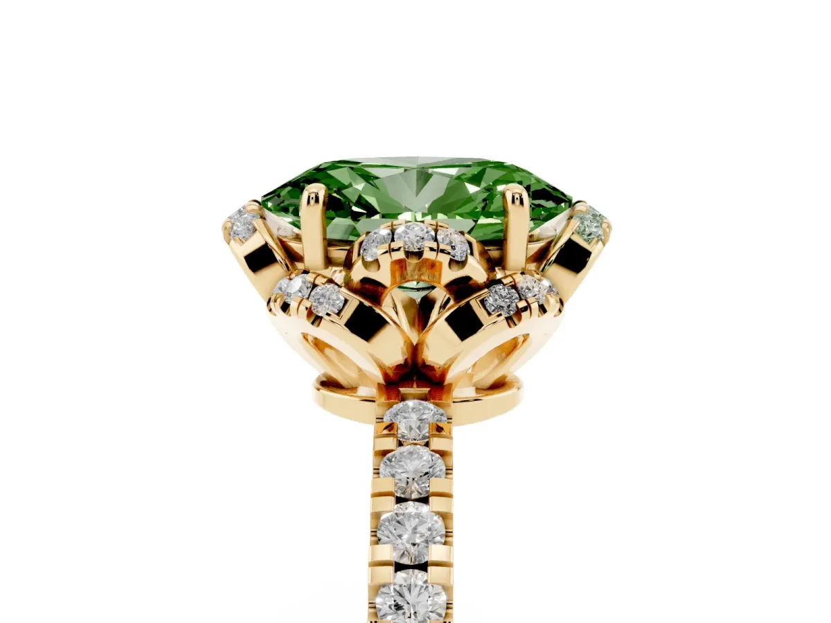 Fancy Green Oval Cut Diamond Halo Pave Band with Four-Prong Setting Yellow gold