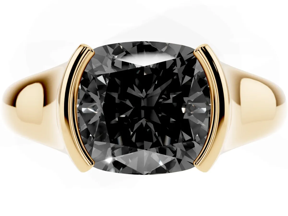 Fancy Black Cushion Cut Solitaire Tension Set Diamond Ring with Split Shank Band Yellow gold