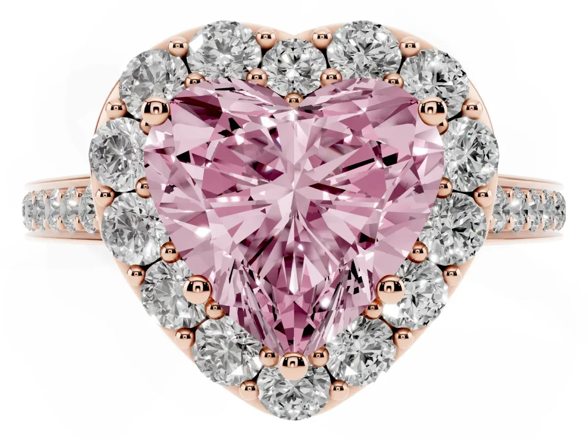 Fancy Pink Heart Cut Diamond Floral Halo Ring with Pavé Band and Prong Setting Rose gold