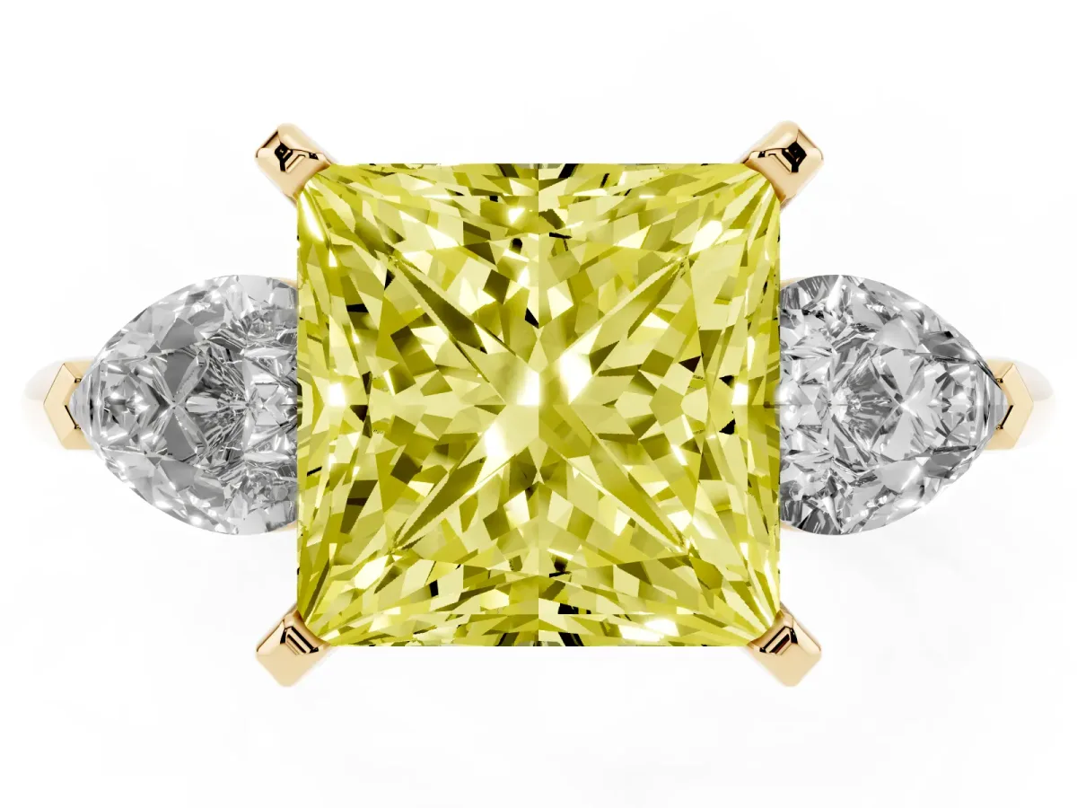 Fancy Yellow Three-Stone Princess Cut Diamond Ring with Pear Side Stones and Four-Prong Setting Yellow gold