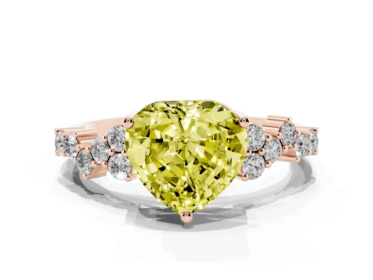 Fancy Yellow Heart Cut Diamond Scattered Round Accent Ring with Prong Setting Rose gold