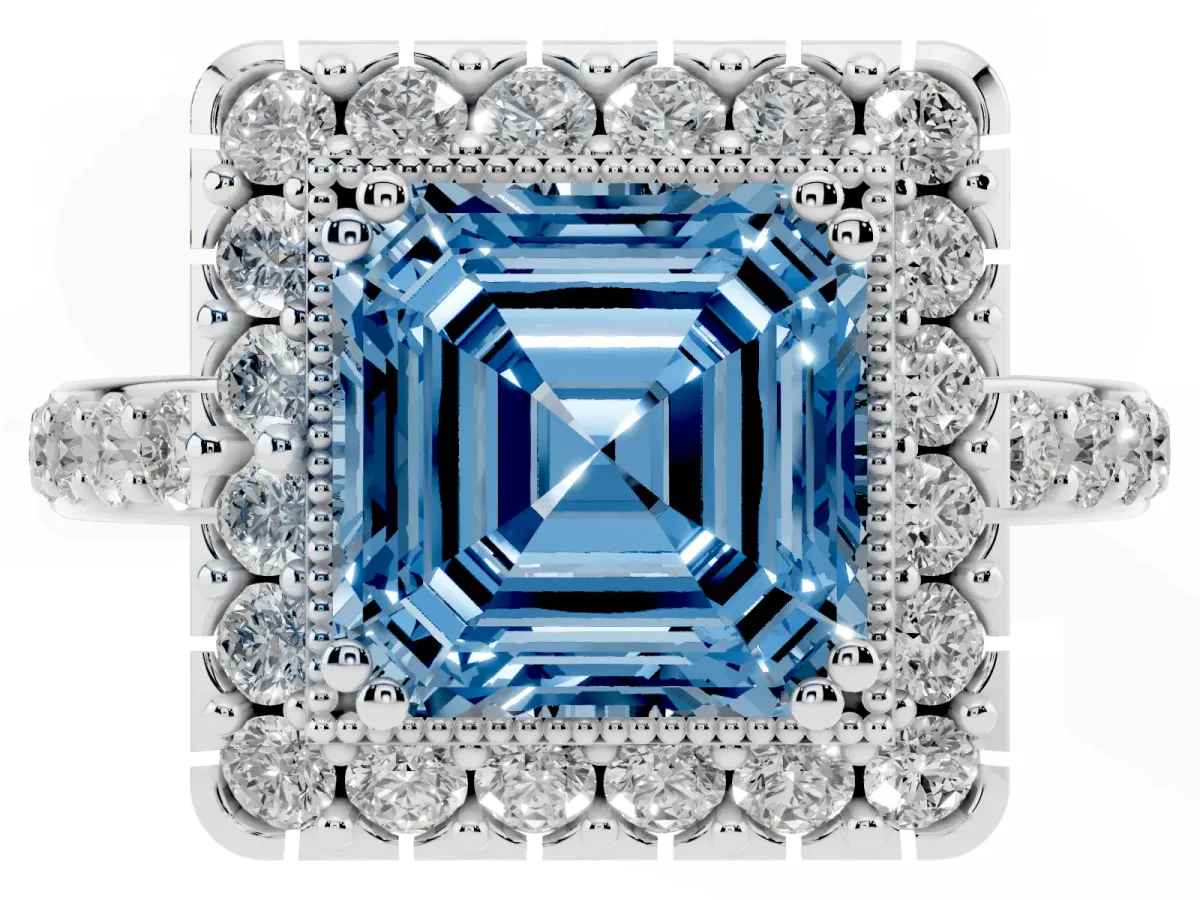 Fancy Blue Asscher Cut Diamond Halo Ring with Pavé Band and Prong Setting Silver
