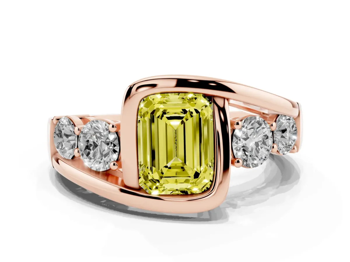 Fancy Yellow Bezel Set Emerald Cut Diamond Bypass Ring with Round Accents Rose gold