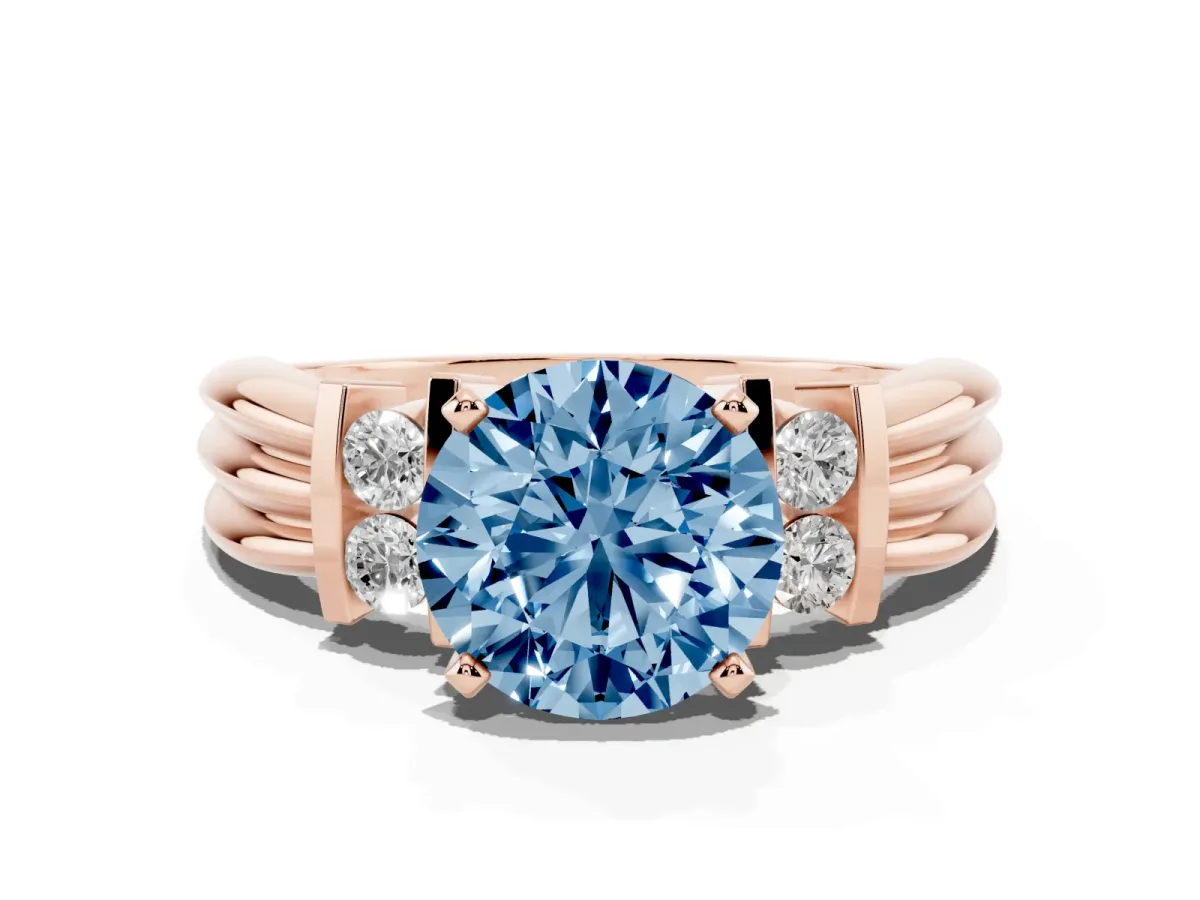 Fancy Blue Round Cut Cut Three-Stone Channel Set Ring with Bar Prongs Rose gold