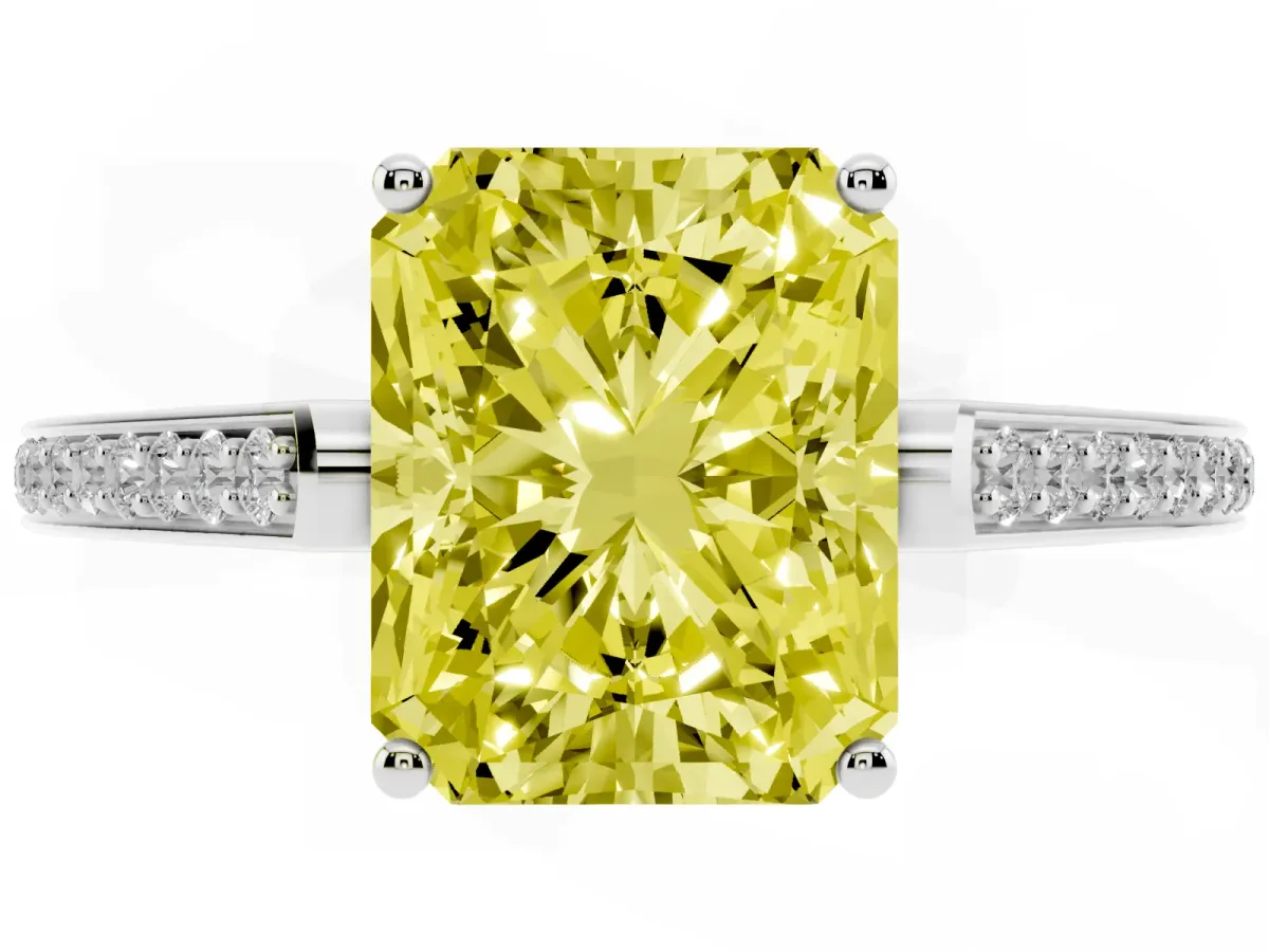 Fancy Yellow Radiant Cut Cut Cathedral Pave Diamond Engagement Ring with Six-Prong Setting Silver