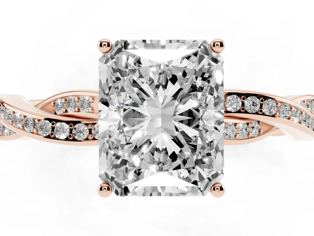 Radiant Cut Solitaire Twisted Pave Diamond Ring with Four-Prong Setting Rose gold