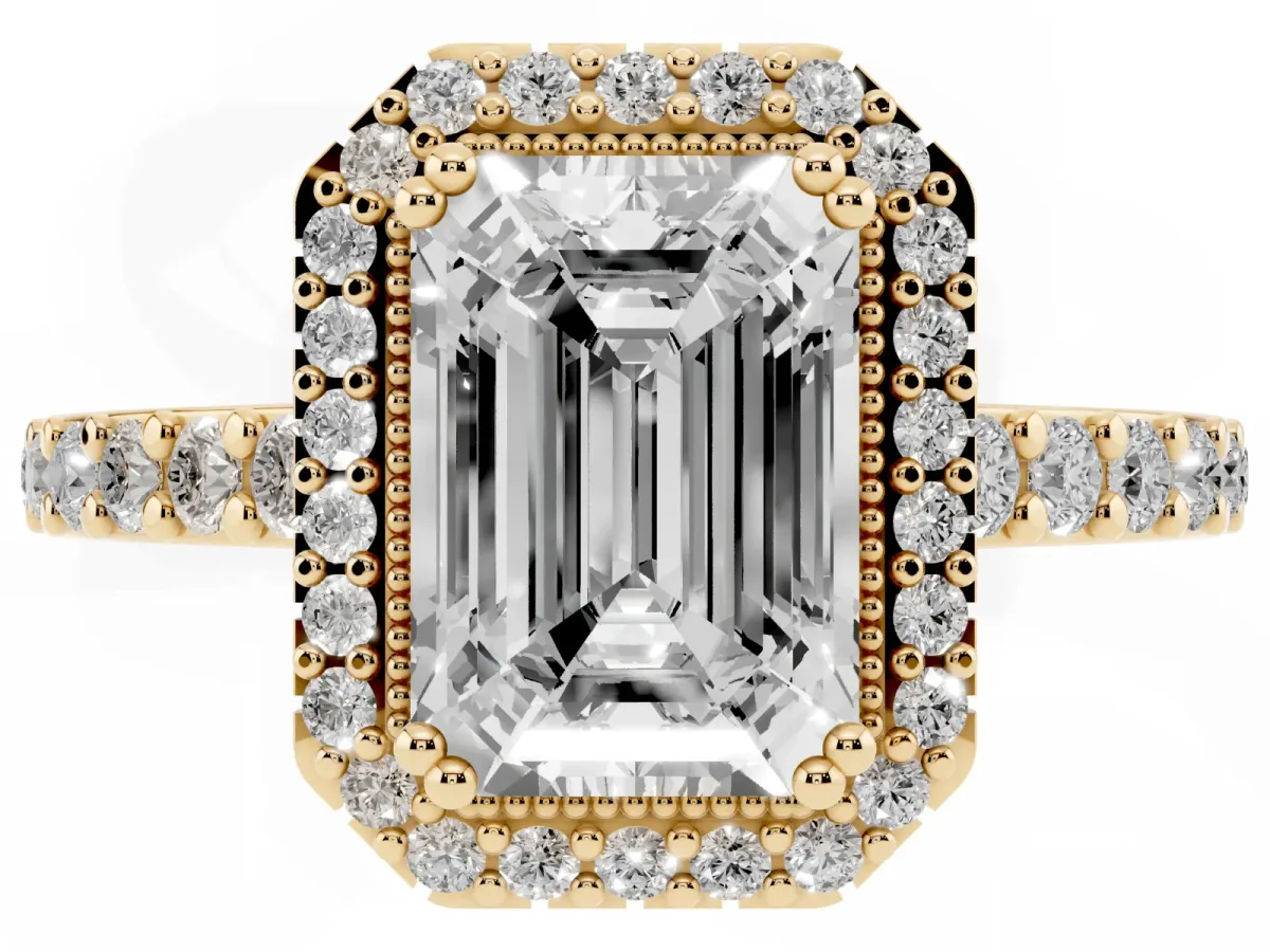 Emerald Cut Cut Diamond Halo Engagement Ring with Milgrain Detail and Pavé Band Yellow gold