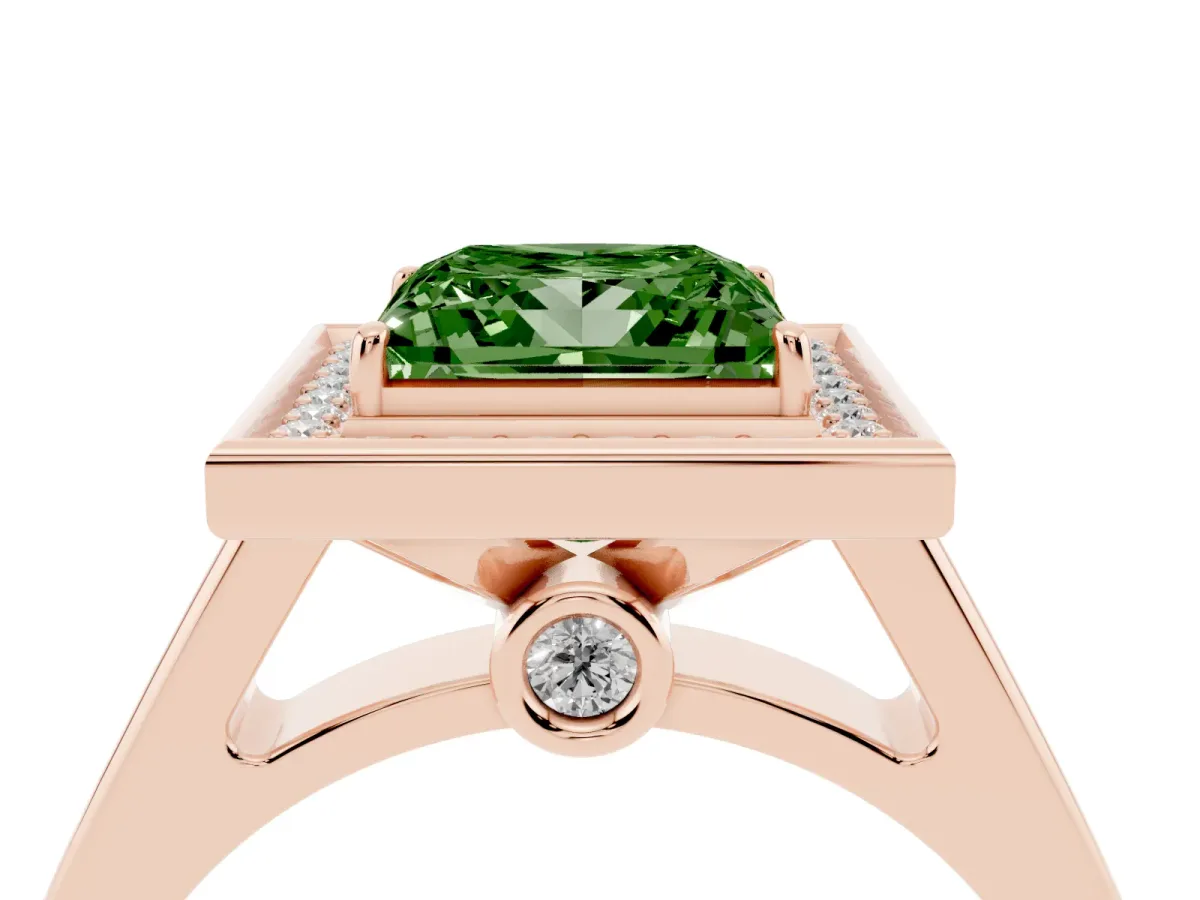 Fancy Green Princess Cut Halo Solitaire Diamond Ring with Pave Band and Bezel Setting Rose gold