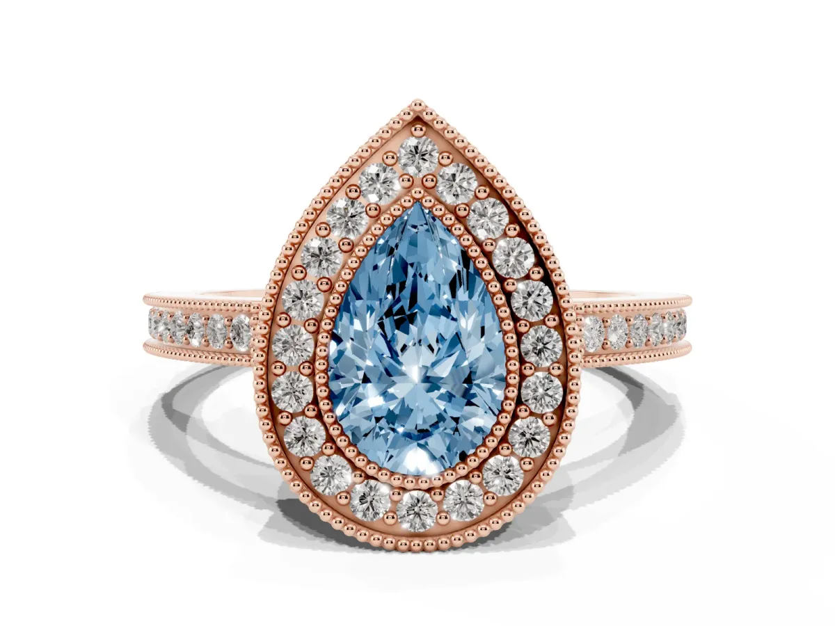 Fancy Blue Pear Cut Cut Halo Diamond Ring with Pavé Band and Milgrain Prong Setting Rose gold