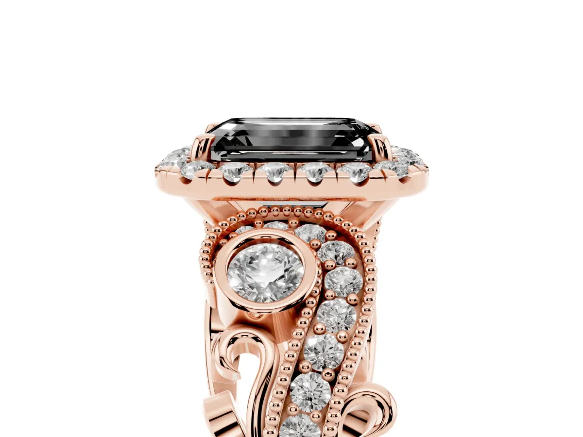 Fancy Black Emerald Cut Halo Diamond Ring with Milgrain and Bezel Accents on a Split Shank Band Rose gold