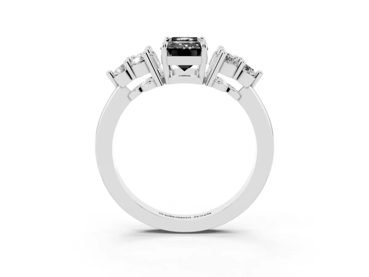 Fancy Black Emerald Cut Brilliant Diamond Cluster Accent Solitaire Ring with Prong Setting Platinum